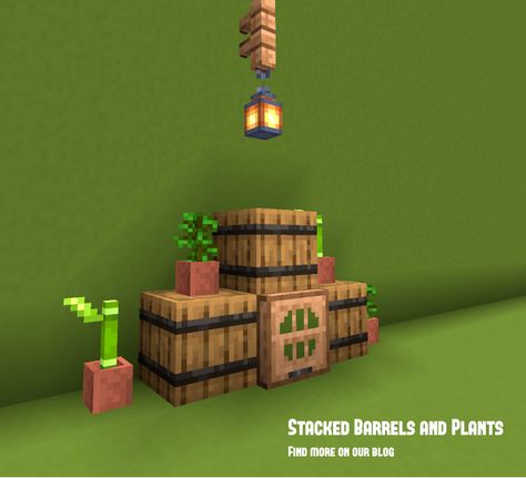 Minecraft barrels and potted plants Minecraft Outdoor Storage, Minecraft Barrel Storage Ideas, Minecraft Jungle Builds Easy, Minecraft Crafting Area, Minecraft Barrel Ideas, Crafting Area Minecraft, Plants Minecraft, Minecraft Barrel Storage, Things To Build In Minecraft Jungle