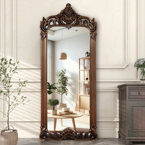 Oversized Vintage Gold Ornate Full Length Floor Mirror Baroque Decor - Bed Bath & Beyond - 39167037 Oversized Floor Mirror, Large Floor Mirror, Floor Length Mirror, Full Length Floor Mirror, Baroque Decor, Floor Standing Mirror, Hampton House, Salon Suites, Mirror With Shelf