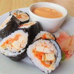 Buffalo Chicken Sushi Roll - Allrecipes.com Chicken Tempura, Chicken Sushi, Tempura Sushi, Seafood Sushi, Sushi Roll Recipes, Japanese Chicken, Sushi Party, Salmon Sushi, Shrimp And Asparagus