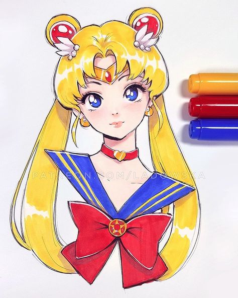 Asia Ladowska, Copic Drawings, Copic Marker Art, Semi Realistic, Copic Art, Moon Drawing, Sailor Moon Art, Dessin Adorable, Anime Drawings Tutorials