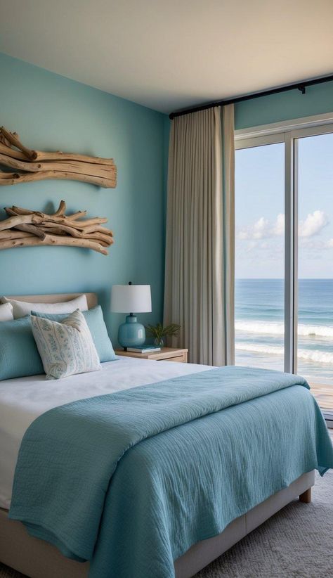 20 Unique Coastal Bedrooms For A Dreamy Seaside Retreat Beach House Bedroom Decor, Sea Bedrooms, Beach Themed Art, Bedroom Beach House, Beach House Bedroom, Ocean Hues, Seaside Living, Cozy Fall Bedroom, Striped Bedding