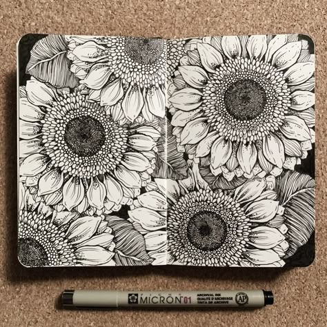 Micron Pen Art, Zantangle Art, Sunflower Illustration, Fineliner Art, Ink Pen Art, Pen Art Work, Pen Art Drawings, Doodle Art Drawing, Doodle Art Designs