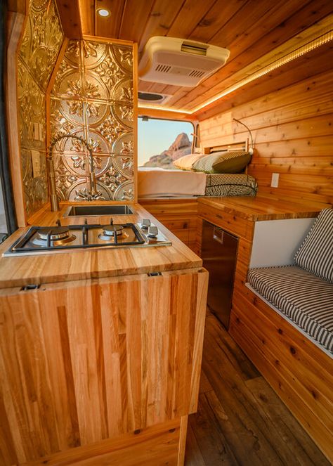 Boho Van Decor, Vanlife Interiors Boho, Boho Sprinter Van, Camper Van Upper Cabinets, Van Living With Dog, Van Layouts, Caravan Inspiration, Promaster Camper Van, Campervan Awnings