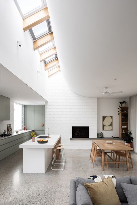 Timber Bench Seat, Curved Ceiling, Timber Beams, Rich Home, The Local Project, Character Home, Local Design, Mid Century House, Concrete Floors