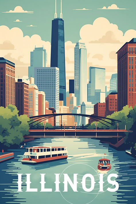 Chicago Travel Poster, Vector Travel Poster, Illinois Aesthetic, Usa Landmarks, Wanderlust Decor, Chicago Poster, Chicago Print, State Posters, Vintage Poster Design