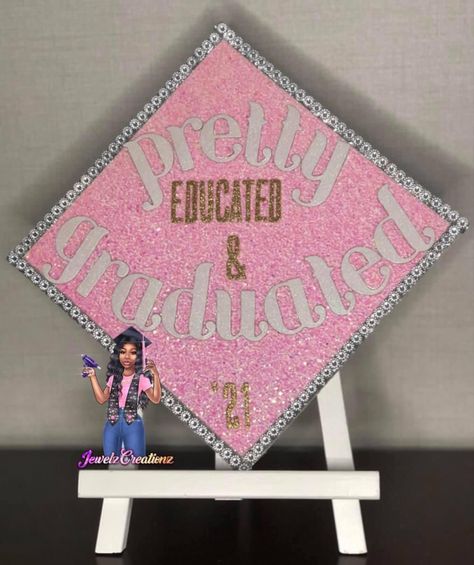 Nail Tech Graduation Cap Ideas, Pretty And Educated Grad Cap, Graduation Cap Designs Business, Pretty Educated And Graduated Cap, Custom Caps Graduation, Cap Inspo Graduation, Pretty Graduation Cap, Baddie Graduation Cap, Girly Graduation Cap