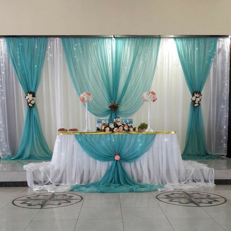 Tiffany Bridal Shower, Church Altar Decorations, Tiffany's Bridal, Quince Decorations, Wedding Backdrop Design, Wedding Backdrop Decorations, Turquoise Wedding, בר מצווה, Wedding Stage Decorations