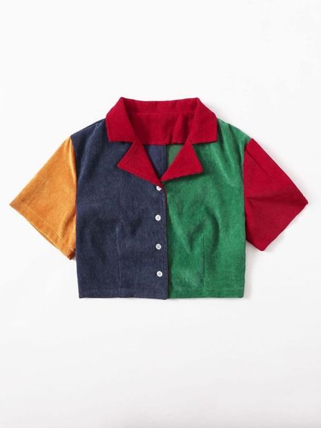 Cartoon Core Aesthetic, Bright Colored Clothes, Colorblock Aesthetic, Colorblock Clothing, Clowncore Shirt, Colourful Tops, Colorblock Outfits, Corduroy Clothes, Kidcore Shirt