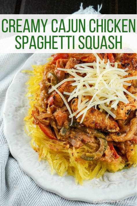 Cajun Chicken Spaghetti, Spaghetti Squash Recipes Chicken, Creamy Cajun Chicken Pasta, Creamy Cajun Chicken, Cajun Chicken Pasta Recipes, Slender Kitchen, Weight Watchers Chicken, Chicken Spaghetti Squash, Cajun Chicken Pasta