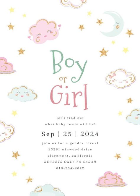 Sparkly Clouds - Invitación De revelación de género | Greetings Island Gender Reveal Invitation Ideas Template, Gender Reveal Invitations Template Free, Gender Reveal Invitations Template, Greetings Island, Gender Party, Gender Reveal Invitations, Gender Reveal, Invitation Design, Invitation Template