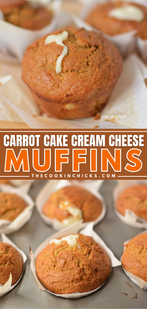 If you love carrot cake, you will LOVE these Carrot Cake Cream Cheese Muffins! Stuffed with a creamy cheesecake center, these muffins are delicious! A moist, perfectly spiced muffin with a sweetened cream cheese center, what’s not to love?! Melt in your mouth and the perfect choice for breakfast, snacks, desserts, and gatherings! Cream Cheese Stuffed Carrot Cake, Carrot Cheesecake Muffins, Cream Cheese Carrot Muffins, Cream Cheese Filling For Muffins, Cream Cheese Stuffed Muffins, Carrot Cream Cheese Muffins, Carrot Cake Muffins With Cream Cheese, Cream Cheese Muffins Recipes, Carrot Muffins Moist