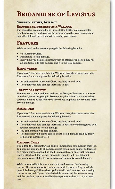 Brigandine of Levistus - A Warlock-focused levelling set of armour - C&C your icy hearts out - UnearthedArcana Levistus D&d, 5e Magic Items, Dnd Armor, Magic Armor, Dnd Magic Items, Dnd Things, Dnd Magic, Dnd 5e Homebrew, D D Items