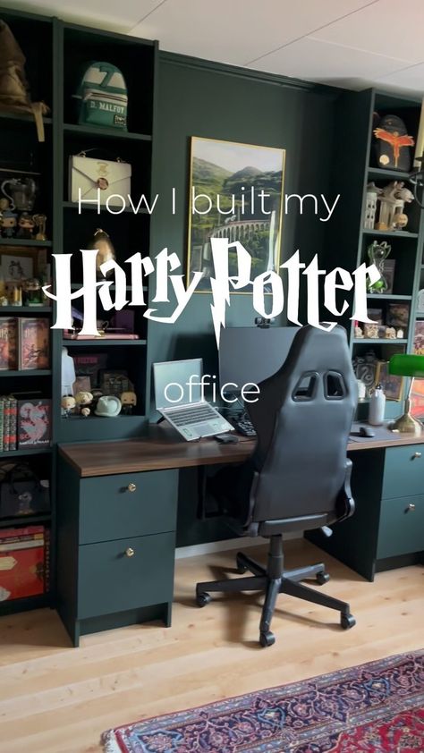 Jennifer | MAGICAL MISCHIEF ϟ - Harry Potter content creator | How I built my Slytherin office! 🐍 The most questions I get about my room are the paint color and where the wallpaper is from so I figured... | Instagram Slytherin Office Aesthetic, Harry Potter Home Office Ideas, Harry Potter Inspired Office, Harry Potter Paint Colors, Harry Potter Themed Office, Harry Potter Office Theme, Slytherin Office, Harry Potter Office Decor, Harry Potter Room Aesthetic