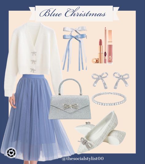 Christmas outfit, holiday outfit, holiday dress, preppy, feminine style White And Blue Christmas Outfit, Blue And White Christmas Outfit, Pastel Christmas Outfit, Elegant Christmas Outfit Classy, Blue Christmas Outfit, Christmas Outfit Classy, Office Christmas Party Outfit, Christmas Dinner Outfits, Christmas Party Office