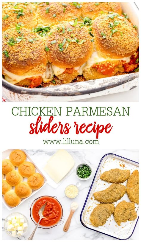 Deliciously cheesy Chicken Parmesan Sliders make a perfect appetizer, but can hold their own as a main dish too! #chickenparmesansliders #chickenparm #sliders #chicken Chicken Parmesan Sliders Recipe, Cheesy Chicken Parmesan, Sliders Chicken, Parmesan Sliders, Italian Appetizers Easy, Chicken Parmesan Sliders, Asian Steak Bites, Creamy Pasta Bake, Breaded Chicken Tenders