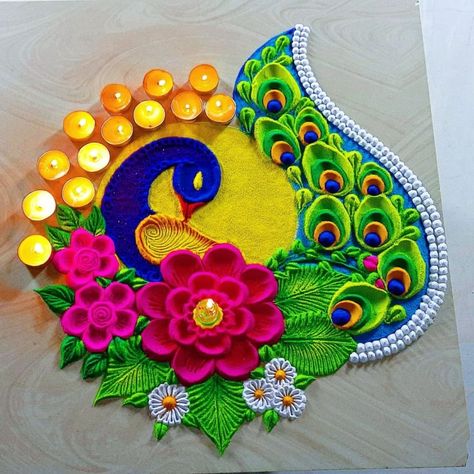 Peacock Rangoli Diwali Rangoli Designs Unique 2024, Best Rangoli Designs, Peacock Rangoli Designs, Cartoons Rangoli, Puja Decor, Unique Rangoli, Easy Rangoli Designs Videos, Very Easy Rangoli Designs, Peacock Rangoli