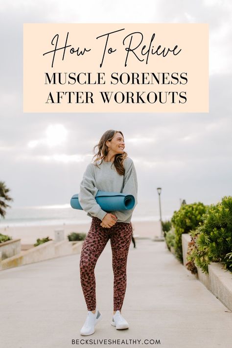 How to Relieve Muscle Soreness After Workouts | Becks Lives Healthy Whether you’re a professional athlete or avid gym-goer, muscle soreness is a normal part of living an active lifestyle. Use these tips and tricks to overcome sore muscles quicker and support a healthy recovery process. Click here to read! Stretching For Sore Muscles, Sore Quads Relief Muscle, Gym Soreness Remedies, How To Help Muscle Soreness, Workout Recovery Sore Muscles, How To Relieve Sore Muscles, Sore Leg Muscles Relief, How To Heal Sore Muscles Fast, How To Help Sore Muscles After Workout