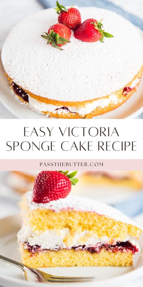 Make a victorian sponge cake, also known as a victoria sandwich cake, with this easy recipe. It's known as the easiest cake to make for good reason. This classic victoria sponge cake is moist, light, and delicious, making it a perfect treat for any occasion. Whether you're a beginner or an experienced baker, this recipe guides you through the simple steps to create a beautifully layered cake filled with jam and cream. British Sponge Cake Recipe, Victorian Sponge Cake Recipe, Light Birthday Cake, Victorian Sponge Cake, Sponge Cake Recipe Best, Victorian Sponge, Sandwich Cake Recipe, Victoria Sponge Cake Recipe, Easy Sponge Cake Recipe