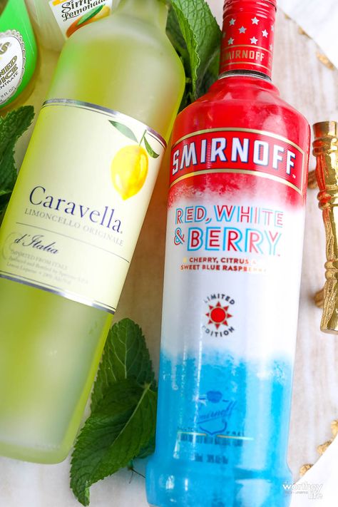 ingredients to make a red white and blue vodka drink Red White And Blue Vodka Drinks, Green Alcoholic Drinks, Smirnoff Cocktail, Red White And Booze, Smirnoff Red, 4th Of July Cocktails, Red White And Boom, Rocket Pop, Smirnoff Ice