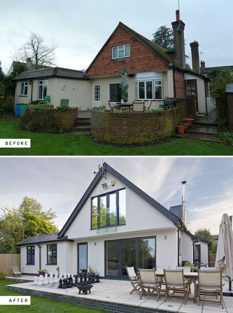 Adhoc extensions were re-planned and remodelled to transform a house in Lingfield, Surrey, UK. Renovation before and after photos. Rendered Houses, Bungalow Extensions, Modern Bungalow Exterior, Exterior House Renovation, 1960s House, House Extension Plans, House Makeovers, Exterior House Remodel, House Cladding