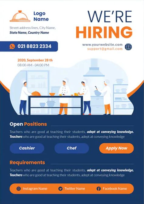 Job Vacancy Poster, Hiring Advertisement, Chef Job, Recruitment Poster Design, Graphic Design Inspiration Typography, Organizational Chart Design, Hiring Flyer, Chef Jobs, Job Poster