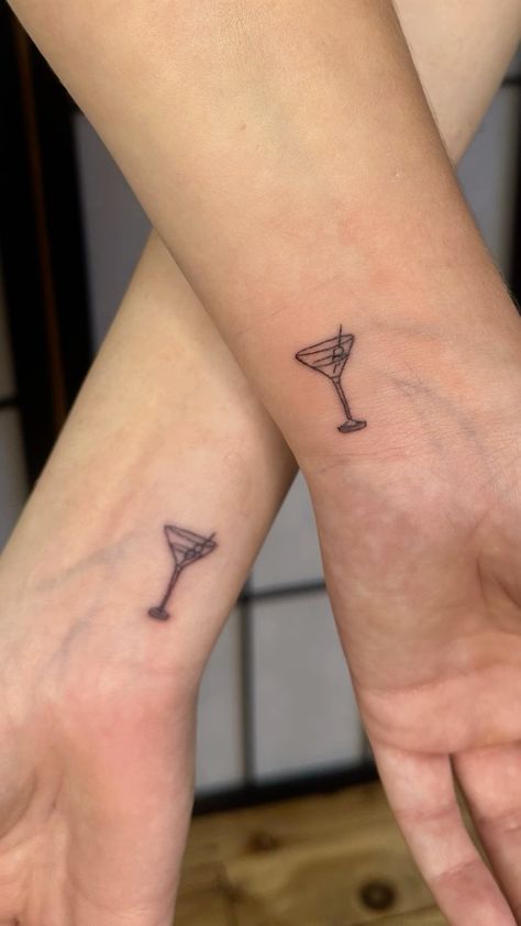 Bff Matching Tattoos Aesthetic, Martini Glass Tattoos, Matching Martini Glass Tattoos, Alcohol Matching Tattoos, Tiny Martini Glass Tattoo, Small Vegas Tattoo, Margarita Tattoo Drinks, Tiny Bff Tattoos, Minimalistic Matching Tattoos