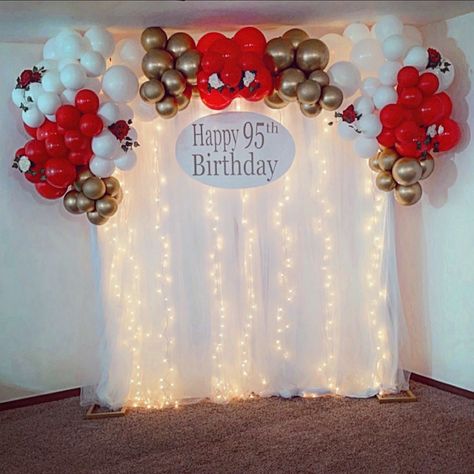 Draped backdrop with lights and balloons Backdrop With Lights, Draped Backdrop, Curtains Backdrop, Ceiling Drapes, Curtain Backdrop, Ceiling Draping, 95 Birthday, Curtain Backdrops, Light Backdrop