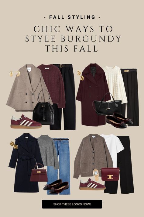 Need style inspo for Fall 2024? Check out chic ways to style burgundy, from burgundy coats, burgundy pants outfits to pairing with Adidas Gazelle and Adidas Spezial. Perfect for autumn fashion lovers! Shop all these looks directly through my LTK. Get inspired and elevate your fall wardrobe now.   #BurgundyOutfitIdeas #BurgundyPantsOutfit #BurgundyBags #Fall2024 #AutumnFashion #AdidasGazelle #AdidasSpezial Burgundy Sneakers Outfit, Burgundy Coat Outfit, Burgundy Blazer Outfit, Burgundy Outfit Ideas, Burgundy Pants Outfit, Vintage Winter Outfits, How To Have Style, Capsule Wardrobe Women, Sneaker Outfits