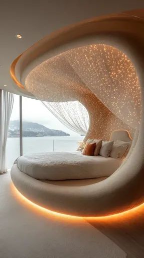 ↑↑↑ Larger size on website 🔸 A luxurious bedroom with a circular bed and a view of the ocean. The bed is situated within a curved Bedroom Ideas Circle Bed, Round Bed Aesthetic, Circular Beds, Circular Bed, Circle Bed, Cozy Romantic, Round Bed, Distant Mountains, Curved Wall