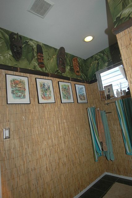 Tiki bath by aliciadesign, via Flickr Tiki Room Bathroom, Tiki Bathroom Ideas, Tiki Inspired Room, Tiki Bathroom, Tiki Nursery, Tiki Wall Decor, Surf Bathroom, Nautical House Decor, Disney Tiki Room Decor