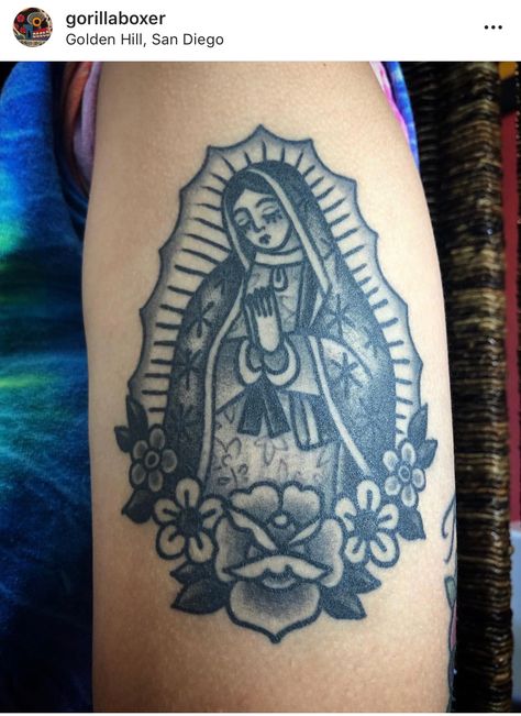 Virgin Mary Tattoo Traditional Black, Charro Traditional Tattoo, American Traditional Tattoos Virgin Mary, Our Lady Of Guadalupe American Traditional Tattoo, Rosary Tattoo Traditional, American Traditional Saint Tattoo, Our Lady Of Guadalupe Tattoo Traditional, Mother Mary Traditional Tattoo, Blessed Virgin Mary Tattoo