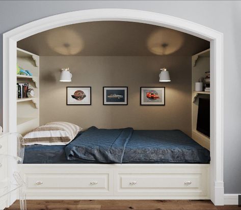 Bed Built Into Wall, Boy Adventure Room, Cama Closet, Reading Nook Closet, Alcove Bed, Bed Nook, Built In Bed, Children Room Boy, Traditional Bed