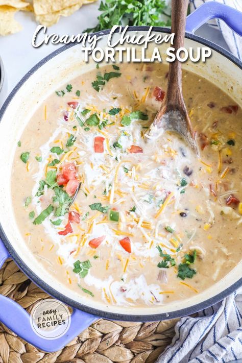 Everyone loves an easy homemade soup recipe! This creamy chicken tortilla soup is a family favorite that is the perfect one pot dinner for busy weeknights. Corn tortillas, pre-cooked chicken, condensed soup, and Mexican spices combine for a flavorful but easy 30 minute soup recipe that everyone will love. It can even be cooked in advance and reheated as needed. Whether you were looking for a make-ahead soup recipe or need a cozy dinner soup that’s filling enough to stand alone, you’ve found it! Chicken Tortilla Soup White, Cfa Chicken Tortilla Soup, White Chicken Tortilla Soup Crock Pot, Chicken Tortilla Soup No Beans, White Chicken Tortilla Soup, Chicken Tortillas Soup, Creamy Tortilla Soup Recipe, Corn Tortilla Soup, Best Chicken Tortilla Soup Recipe