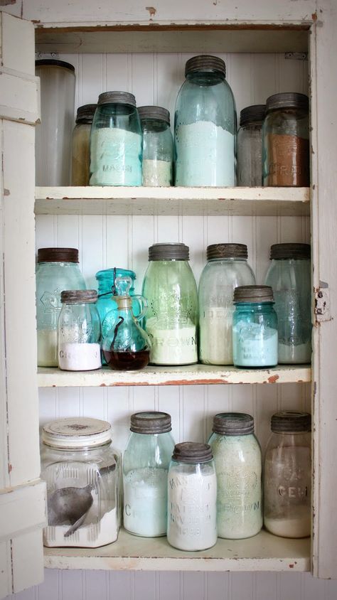 Wall Cupboard with Vintage Mason Jars - Love this collection! Wall Cupboards, Wall Cupboard, Farmhouse Paint Colors, Vintage Mason Jars, Farmhouse Paint, Deco Nature, Paint Colors Benjamin Moore, Vintage Jars, Mason Jar Crafts Diy