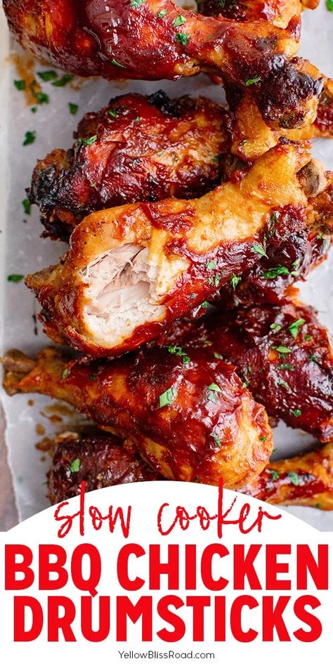 Slow Cooker BBQ Chicken Drumsticks are tender and juicy and practically hands off. Brush on some BBQ sauce and broil for the perfect finishing touch. Crockpot Chicken Leg Recipes, Bbq Chicken Drumsticks, Bbq Chicken Legs, Slow Cooker Bbq Chicken, Chicken Leg Recipes, Drumstick Recipes, Chicken Drumstick Recipes, Slow Cooker Bbq, Crock Pot Chicken