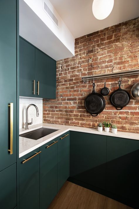 Dark Green Kitchen Brick Wall, Green Kitchen Cabinets Brick Wall, Dark Green Kitchen Cabinets Brick Backsplash, Exposed Rsj Kitchen, Green Kitchen With Brick Wall, Green Brick Kitchen, Interior Exposed Brick, Brick Backsplash Green Cabinets, Medium Yard Landscaping Ideas