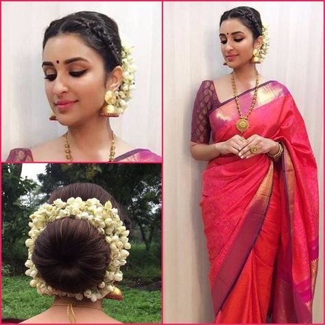 Ways To Rock The #BunHairstyle With #Saree https://threads.werindia.com/beauty/6-ways-to-rock-the-bun-hairstyle-with-saree/ #Threads Hair For Saree, Party Bun Hairstyles, Flower Gajra, Bridal Hairstyle Indian Wedding, Saree Hairstyles, Saree Traditional, Traditional Hairstyle, Bridal Hair Buns, Indian Wedding Hairstyles