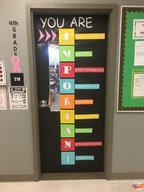 All I did for this door is a black background, I cut the colors into squares, then cut out letters using my silhouette cameo 3. Super easy and can be up all year round like this teacher will be doing! Preschool Door, Silhouette Cameo 3, Classroom Doors, Cut Out Letters, 5th Grade Classroom, Round Door, Classroom Door, Sixth Grade, 5th Grades