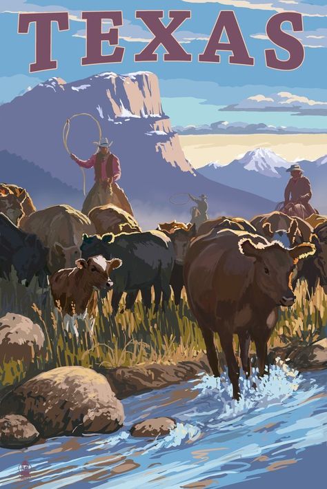 Texas - Cowboy Cattle Drive Scene (36x54 Giclee Gallery Print, Wall Decor Travel Poster) ** Awesome product. Click the image : Dining Entertaining Cheyenne Wyoming, Cattle Drive, Wood Postcard, Large Framed Prints, Retro Travel Poster, Sedona Arizona, Vintage Travel Posters, Hanging Art, Vintage Travel