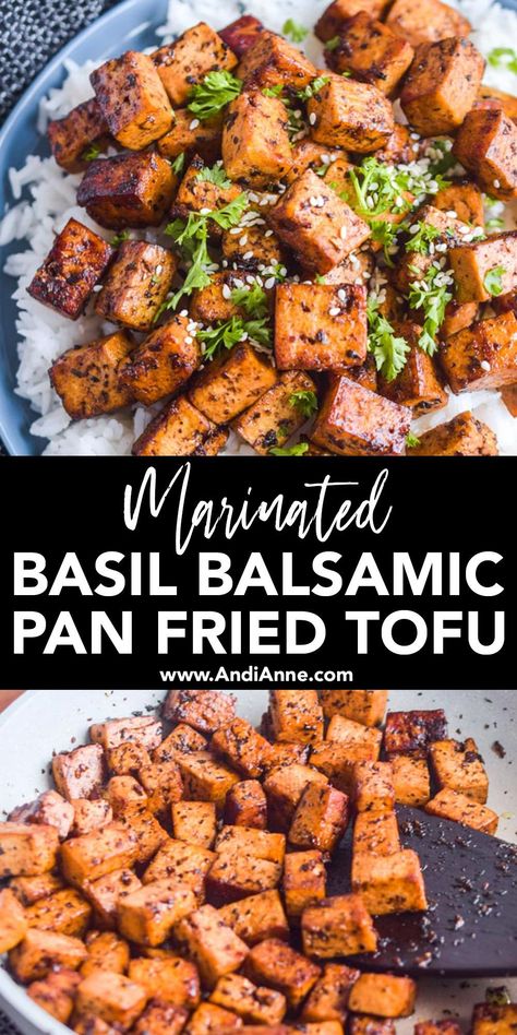 Basil balsamic pan fried tofu is flavored with a delicious marinade and then cooked in a frying pan. This recipe is gluten-free, sugar-free, plant-based, and vegetarian. Basil Tofu Recipes, Balsamic Tofu, Tofu Marinade Recipes, Ways To Cook Tofu, Sauteed Tofu, Balsamic Marinade, Tofu Marinade, Pan Fried Tofu, Dairy Free Pasta