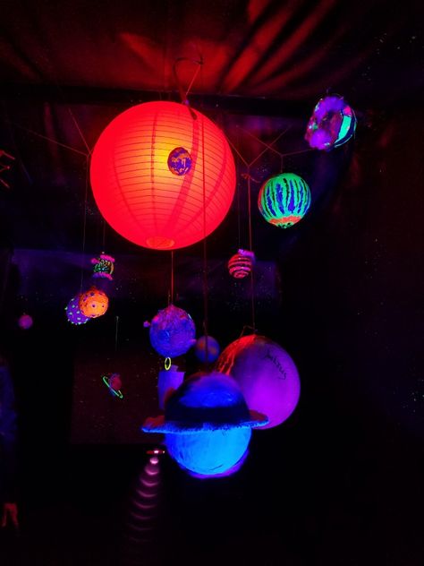 Glowing planets solar system art installation Planet Hanging Decor, Planet Decorations, Hanging Solar System, Cosmic Party, Space Installation, Planets Solar System, Installation Ideas, Vibe Rooms, Roof Decoration