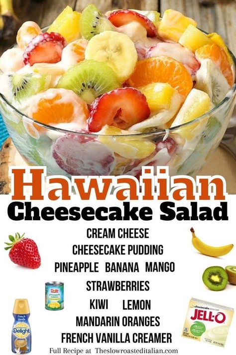 Hawaiian Cheesecake, Hawaiian Dessert, Cheesecake Fruit Salad, Cheesecake Salad, Easy Fruit Salad Recipes, Bbq Appetizers, French Vanilla Creamer, Salad Cream, Summer Food Party