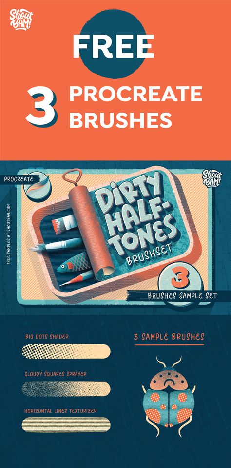 Treat yourselves with our Dirty Halftones Sample Brush Set. This Brush Set is all about Halftones and all the cool effects you can do with them. So don't be shy - join our community and get this freebie samples! #procreatebrush #freebie #freetools #freebiesamples #designfreebie #freeproducts #textures #procreate #drawing #halftone Free Halftone Brushes Procreate, Procreate Effects, Procreate Freebies, Halftone Procreate, Textures Procreate, Free Brushes For Procreate, Procreate Downloads, Procreate Brushes Download, Halftone Illustration