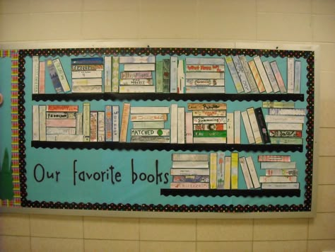 Favorite Books Bulletin, stealing this for my elective bulletin board in the building hallway Book Bulletin Board, Middle School Ela Classroom, Middle School Classroom Decor, Reading Display, Library Bulletin Board, Reading Bulletin Boards, Library Bulletin Boards, Ela Classroom, English Classroom