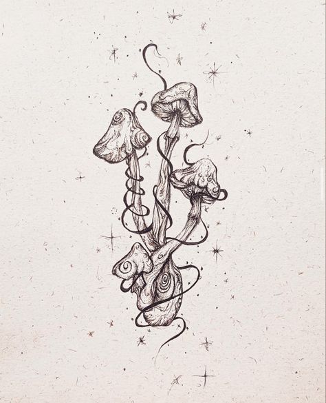 Nature Neck Tattoos Women, Mushroom Patch Drawing, Wildflower Matching Tattoo, Thigh Tattoos Mushroom, Cute Upper Back Tattoos For Women, Pretty Mushrooms Drawing, Cute Cool Tattoos, Cryptidcore Tattoo, Small Cluster Tattoos