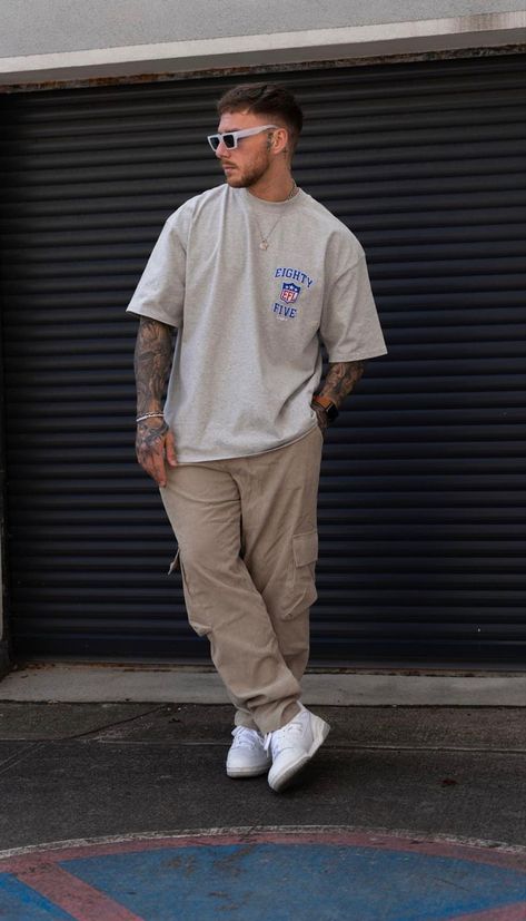 White And Beige Mens Outfit, Neutral Streetwear Outfits Men, Drippy Men Outfits, Street Wear Poses Men, Beige Fits Men, Beige Cargos Outfits Men, Beige Aesthetic Outfit Men, Baggy Tshirt Outfit Men, Street Wear Photoshoot Ideas