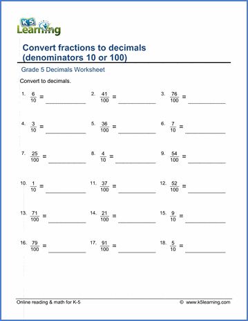 Grade 5 math worksheets on converting fractions to decimals. All fractions have a denominator of 10 or 100. Free fraction worksheets from K5 Learning; no login required. Convert Fractions To Decimals, Converting Fractions To Decimals, Free Fraction Worksheets, Fractions To Decimals Worksheet, Grade 5 Math, Decimal Practice, Grade 5 Math Worksheets, Proper Fractions, Converting Fractions