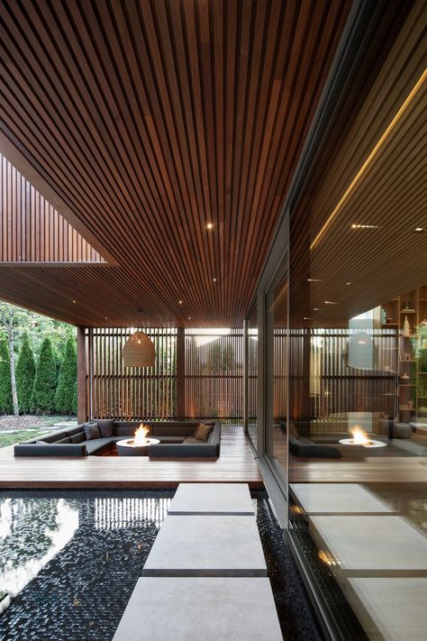 Mid-century Japandi Sanctuary by Aurélie Chauvet & Jad Salem, Atelier Chardonnat & Salem Architecture | International Design Awards™ Winners Japandi House, Bamboo Decking, Three Story House, 1950s House, Ipe Wood, Hotel Lounge, International Design, Exterior Wood, Cathedral Ceiling