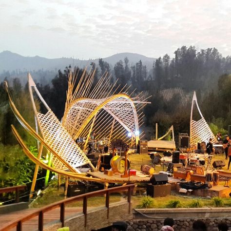 Bamboo Stage Design, Environment Projects, Mount Bromo, Bamboo House Design, Outdoor Stage, Bamboo Structure, Bamboo Architecture, Bamboo Art, Sloped Garden