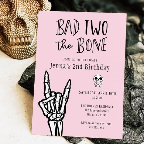 Pink And Black Bad Two The Bone 2Nd Birthday Party Invitation #zazzle #weddinginvitations #birthdayinvitations #babyshowerinvitations #zazzleinvitations #monogram #businesscards #graduation #homedecor Two Theme Birthday Party, Girly Second Birthday Party, 2nd Birthday Theme Ideas Girl, Twin 2nd Birthday Party Themes, Two Year Old Bday Themes, Second Birthday Party Themes Girl, Bad To The Bone Birthday Party Girl, Simple 2nd Birthday Party For Girl, Twin 2nd Birthday Ideas